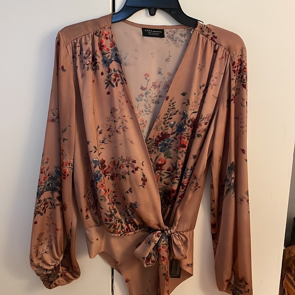 Zara brown silk floral bodysuit